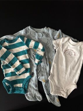 Carter's Teal & White Stripe, Light Blue Dino, and White Onesies - 3 Pack